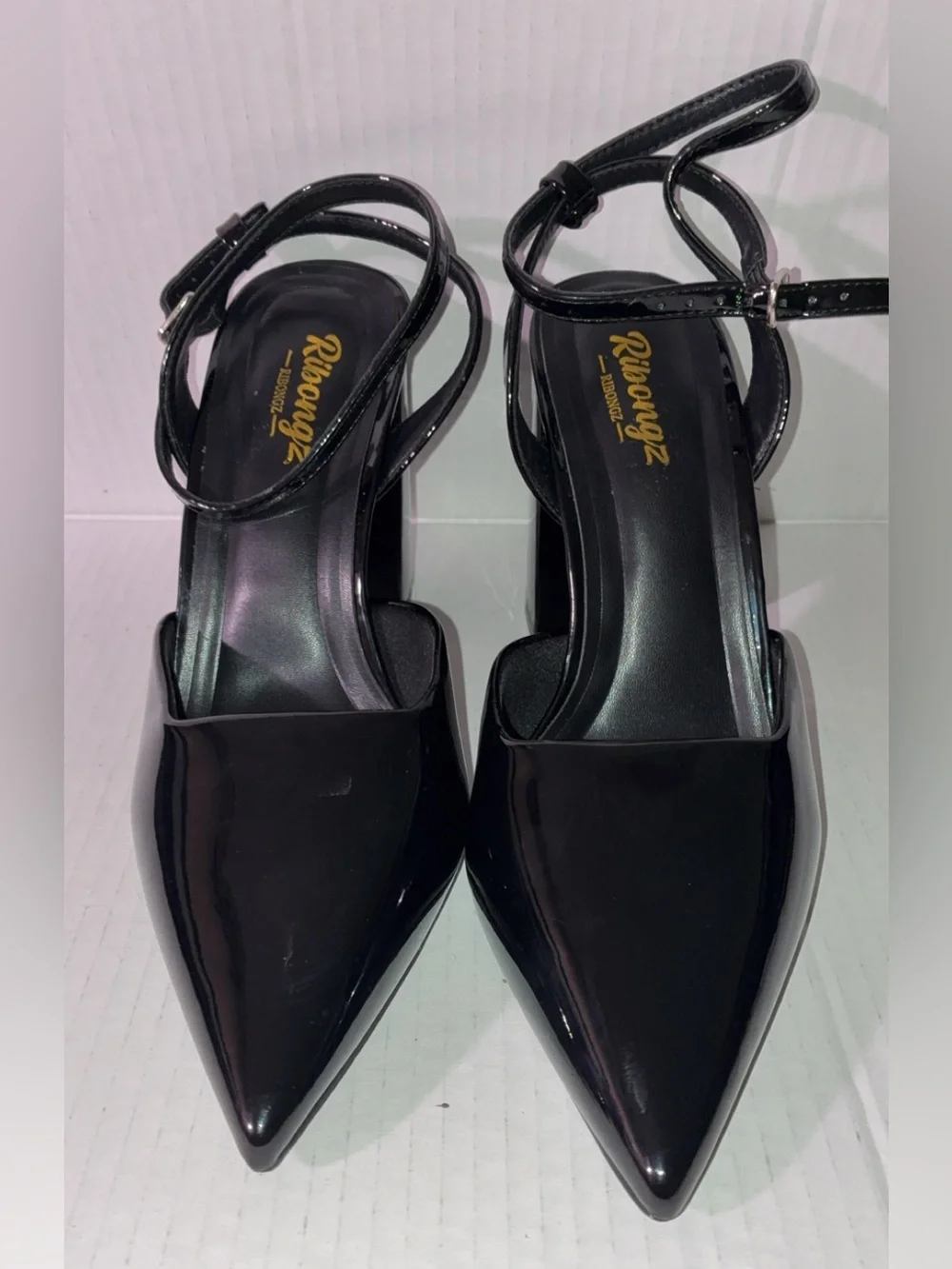 Black Patent Pointed-Toe Slingback Heels